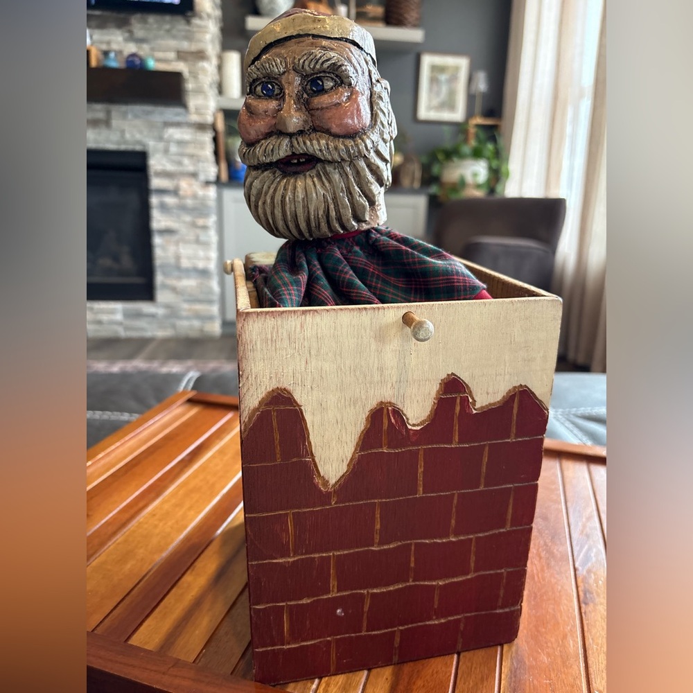 Handcrafted Folk Art Santa Claus Kinetic Design StoragePop Up from Wood Chimney